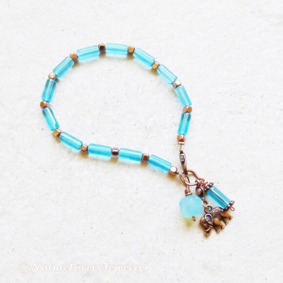 Slim Aqua & Copper Glass Rods Bracelet - 7-7.5" Wrists - for Elephant Lovers! - Picture 1 of 7